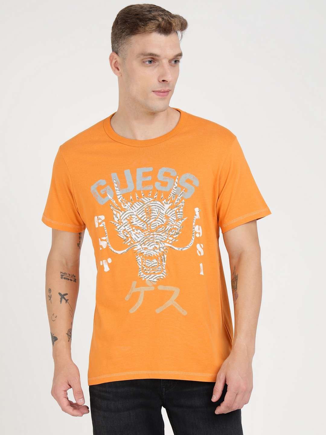 Orange Pure Cotton Printed Round Neck T-Shirt