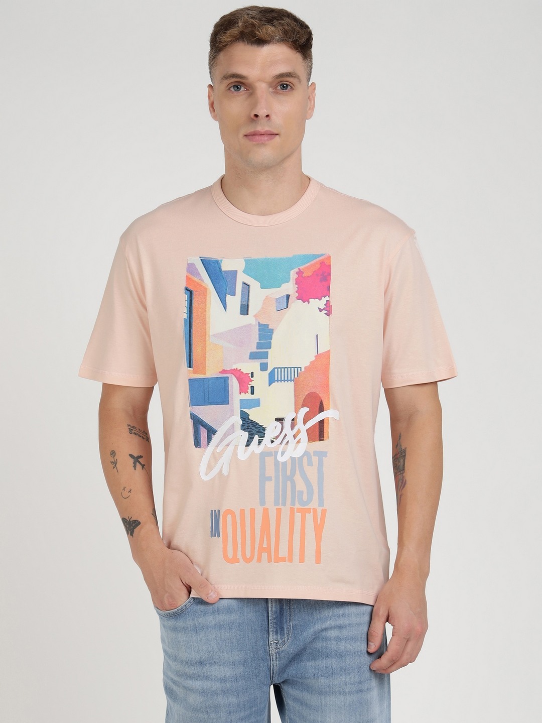 Pink Pure Cotton Printed Round Neck T-Shirt
