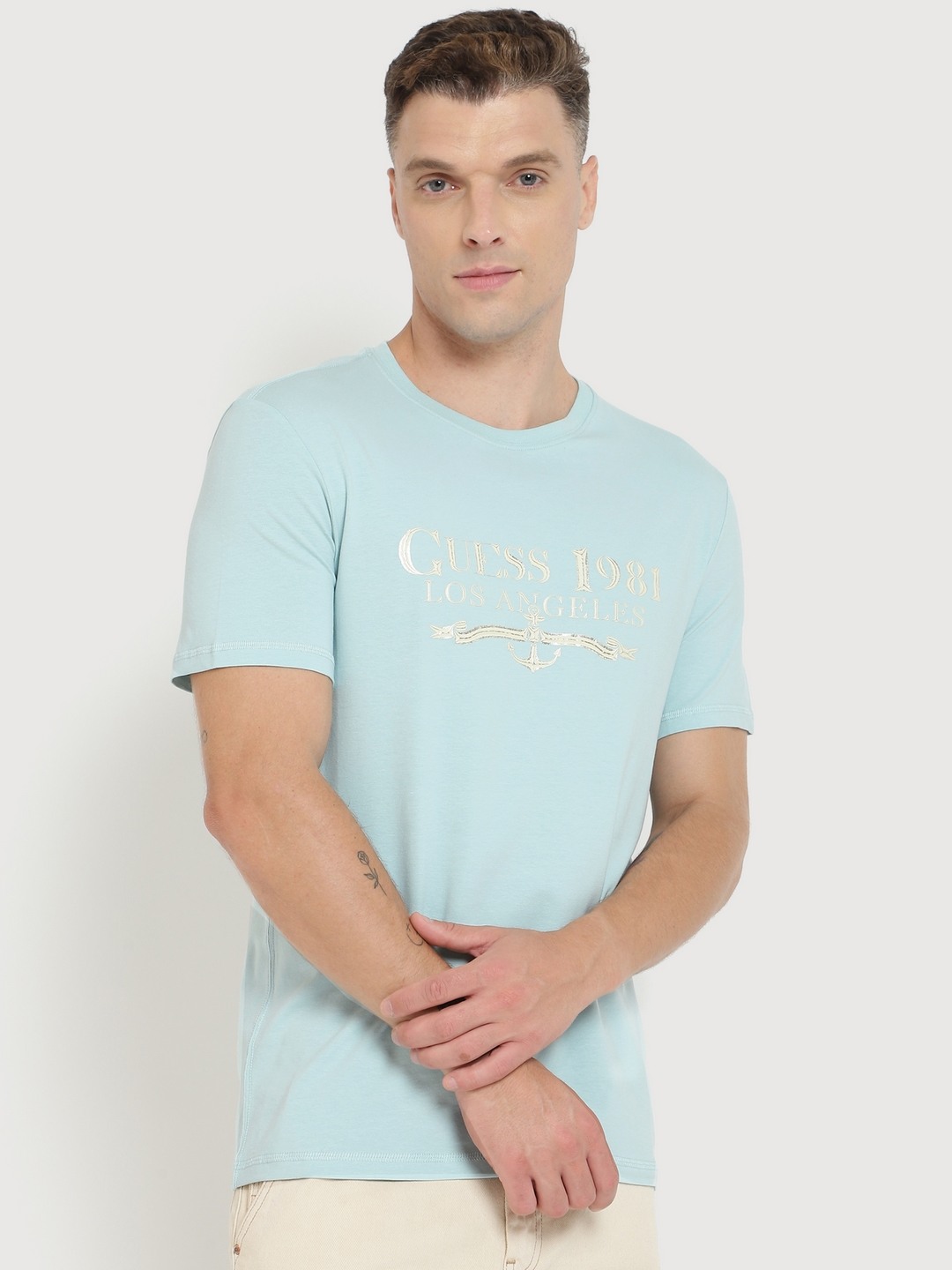 Blue Printed Round Neck Short Sleeves T-shirt