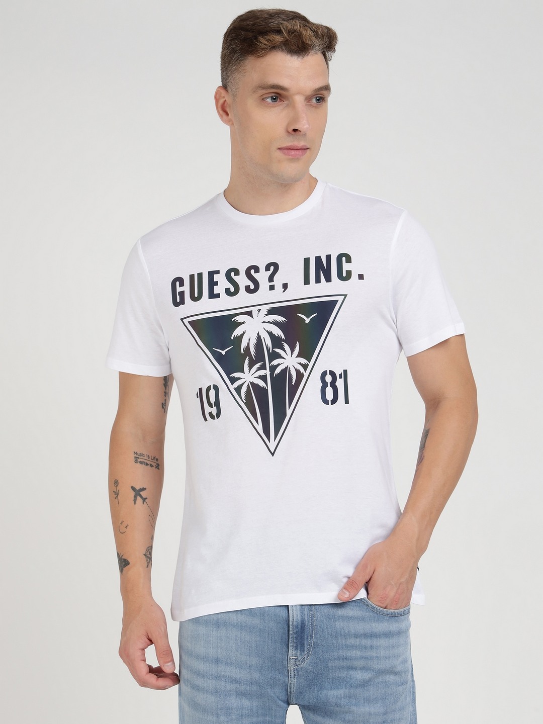 White Pure Cotton Printed Round Neck T-Shirt