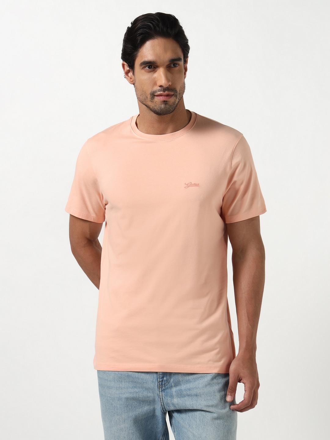 Guess Men Basic Pima Pink Solid Round Neck Knit Slim Fit T-Shirt