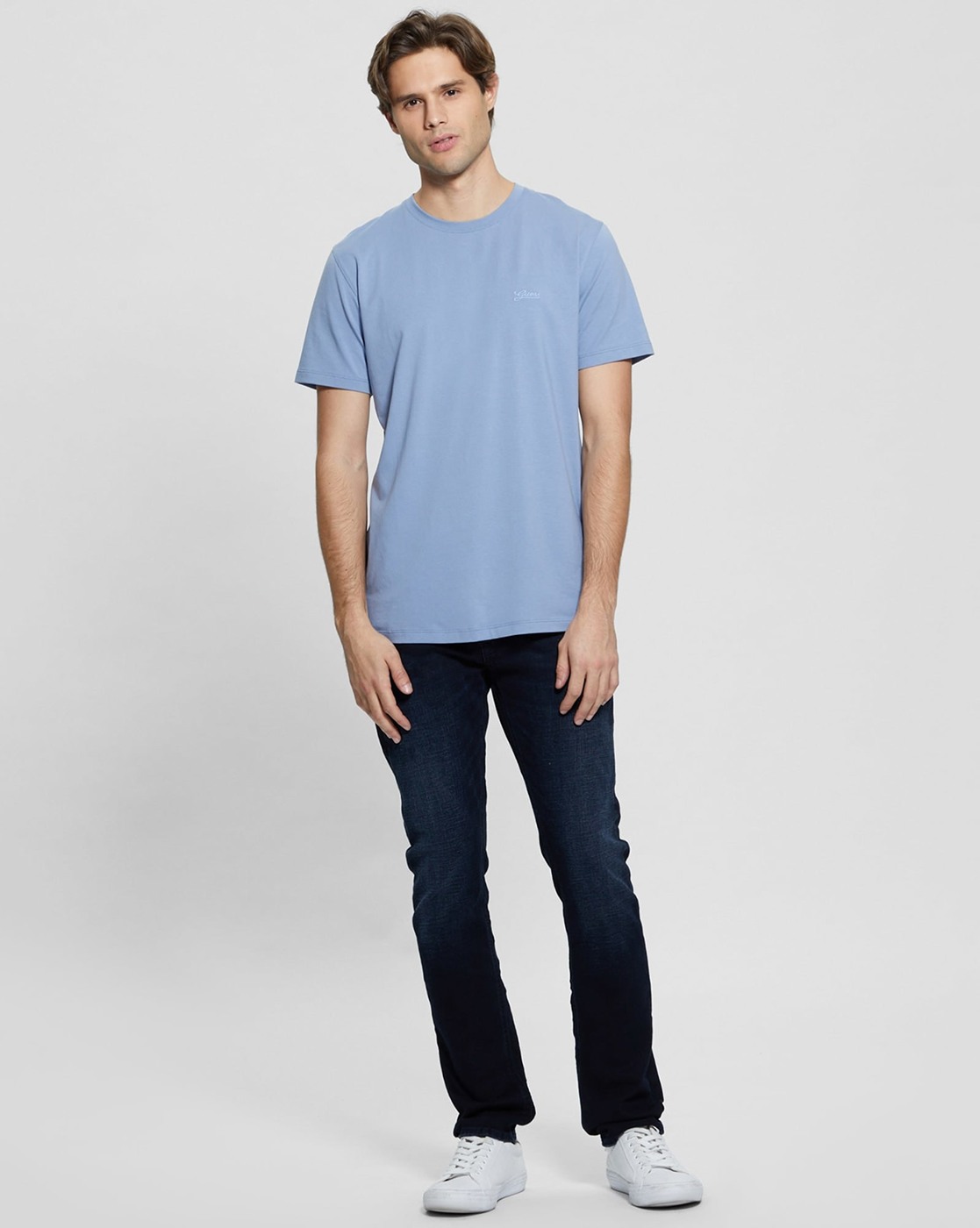 Men's Blue Cotton Blend Solid Slim Fit Crew Neck Short Sleeve T-shirt