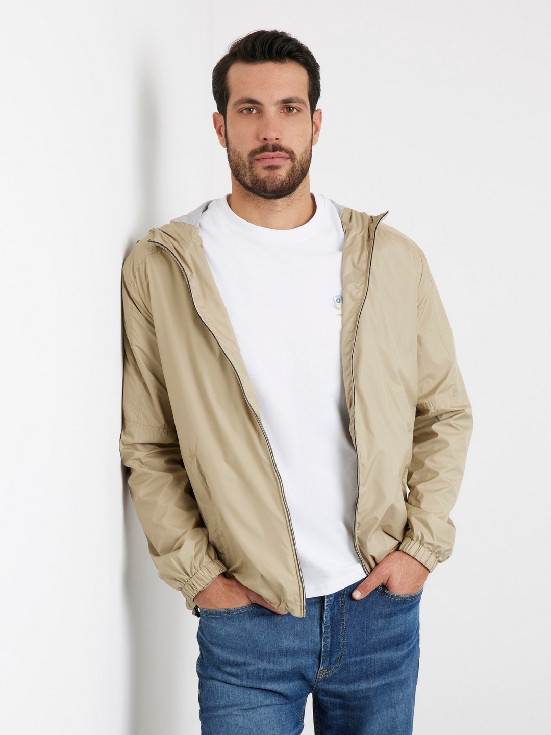 Khaki Solid Hooded Full Sleeves Bomber Jacket