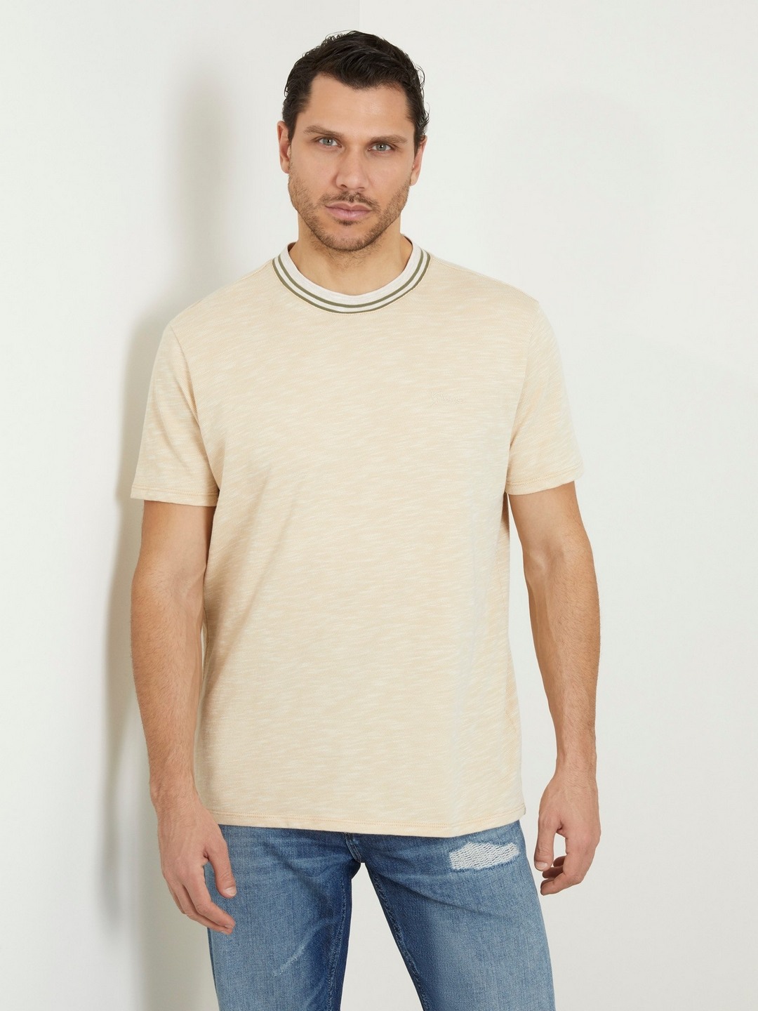 Beige Solid Round Neck Short Sleeves T-Shirt