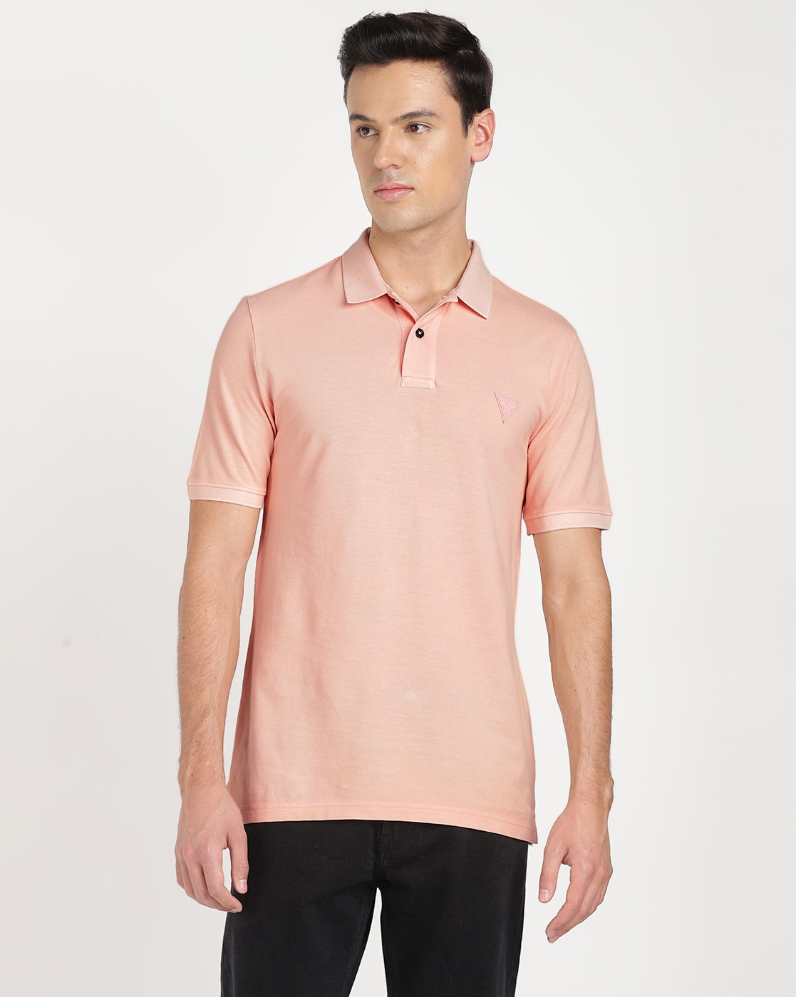 Men's Pink Cotton Solid Regular Fit Spread Collar Short Sleeve Polo T-shirt