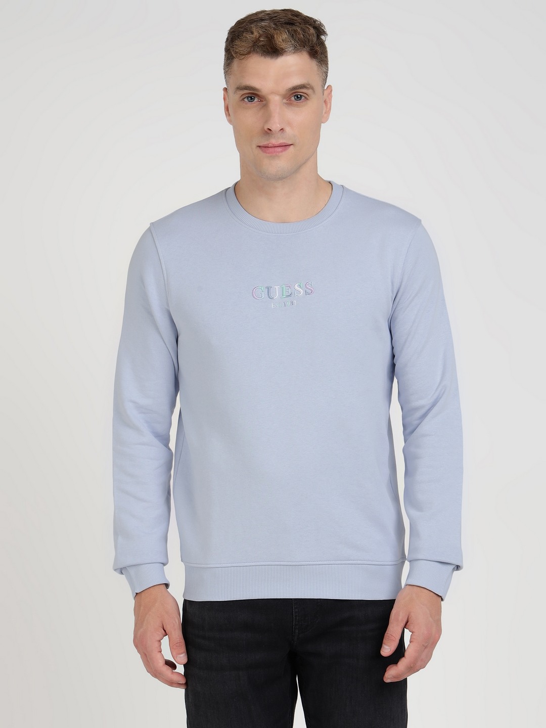 Blue Cotton Blend Solid Round Neck Sweatshirt