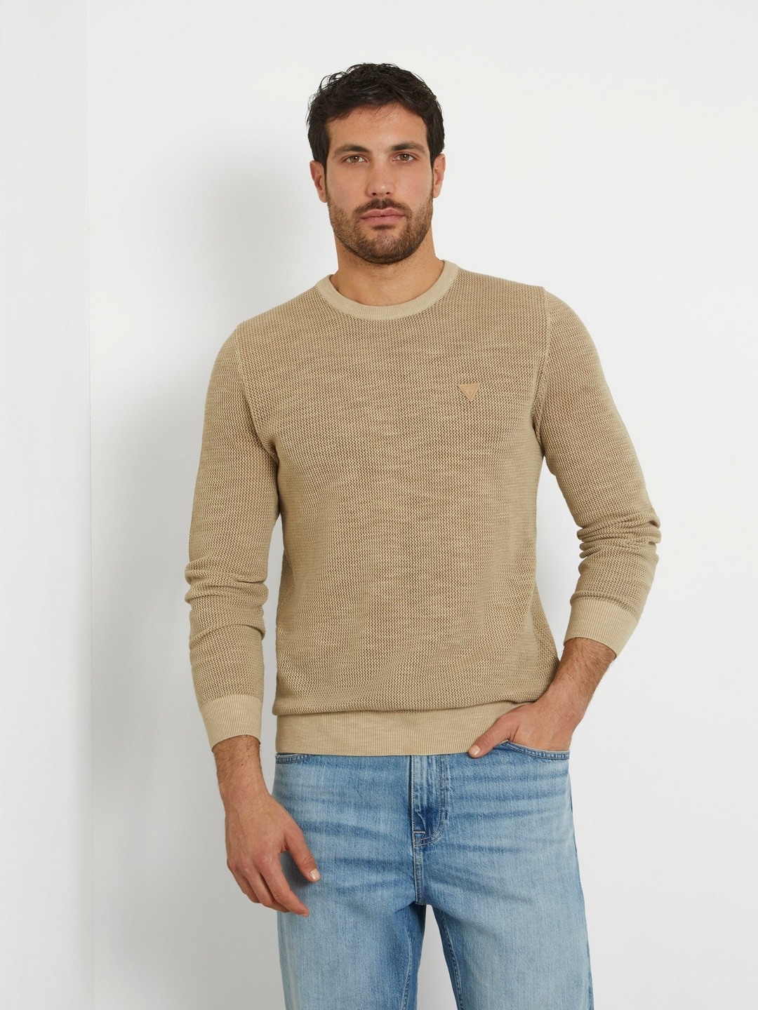 Men Khaki Solid Round Neck Full Sleeves Pullover Style Sweater