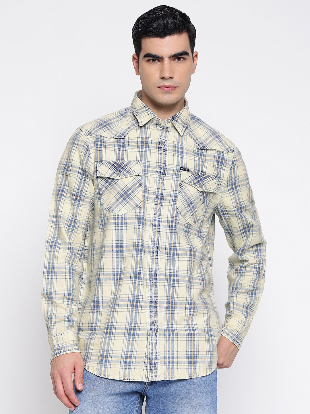 Collin Apricot Buff Indi Plaid Checks Spread Collar Regular Fit Shirt