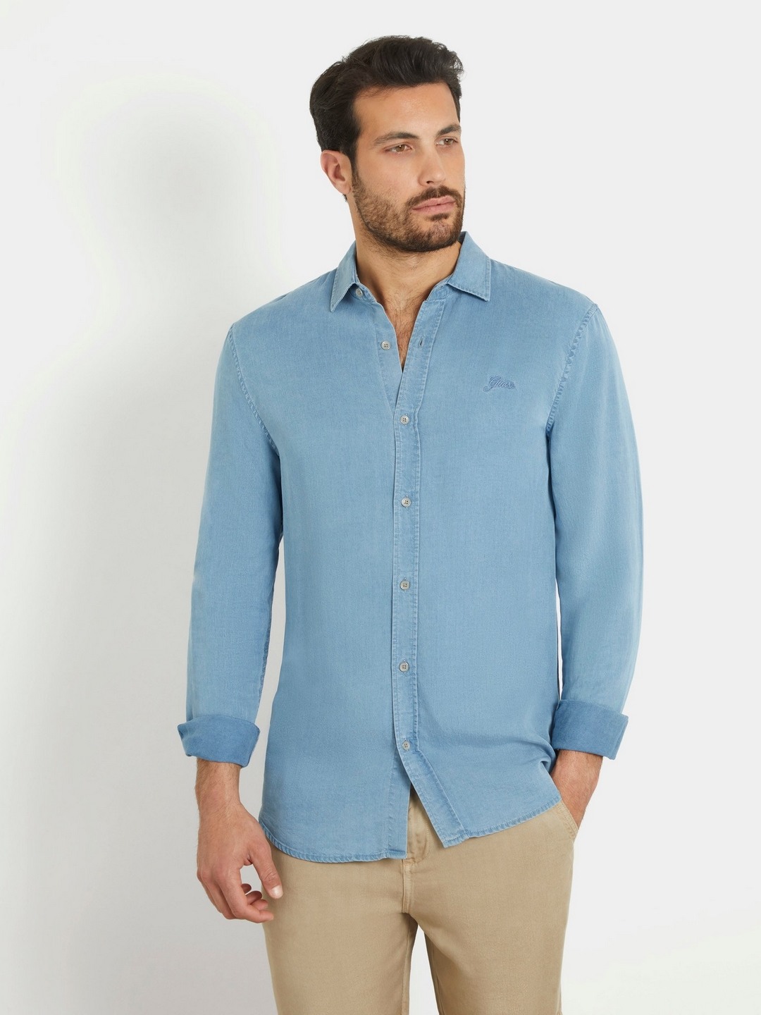 Blue Solid Spread Collar Full Sleeves Denim Shirt