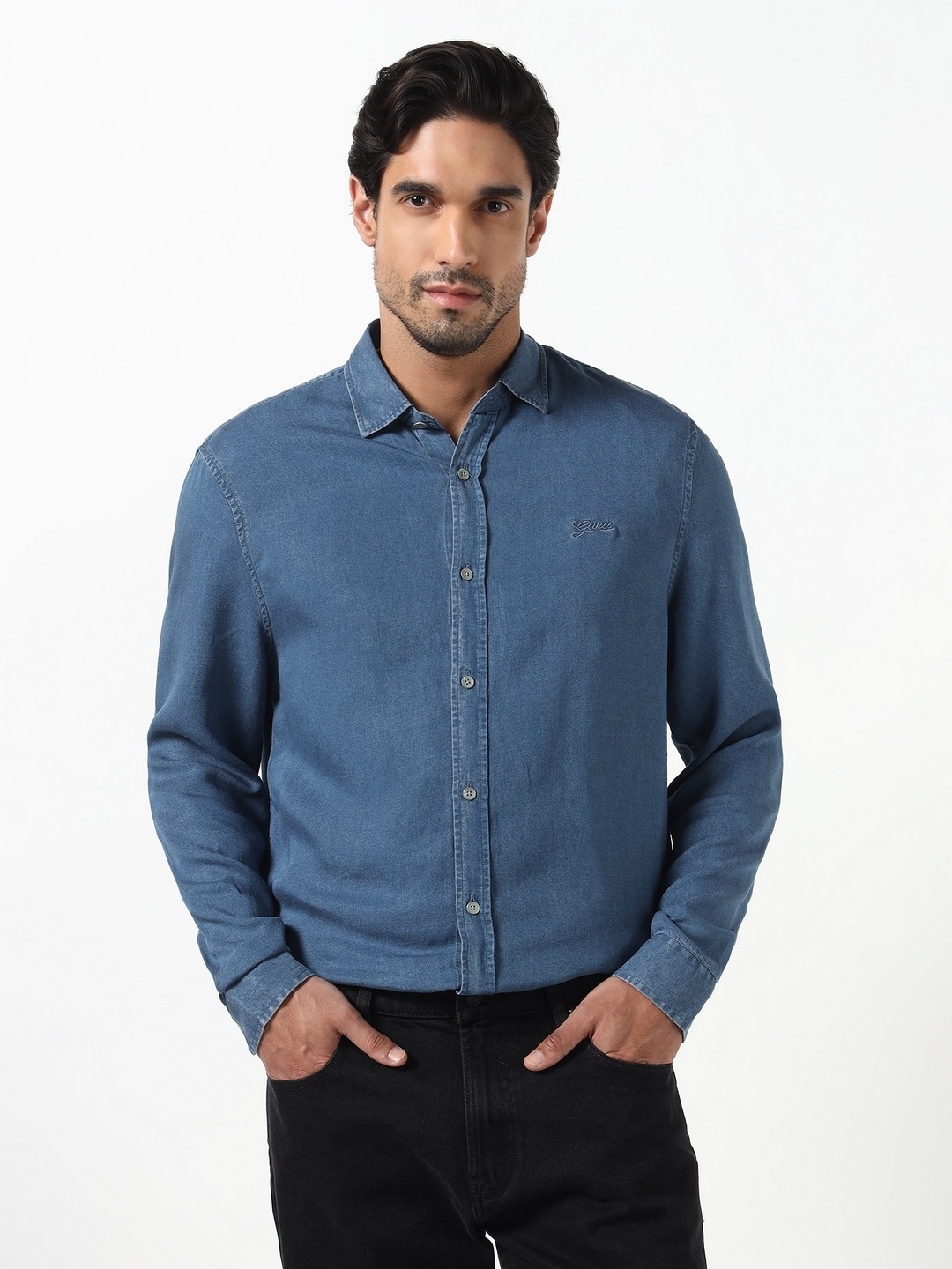 Guess Men Sunset Blue Solid Spread Collar Knit Slim Fit Denim Shirt