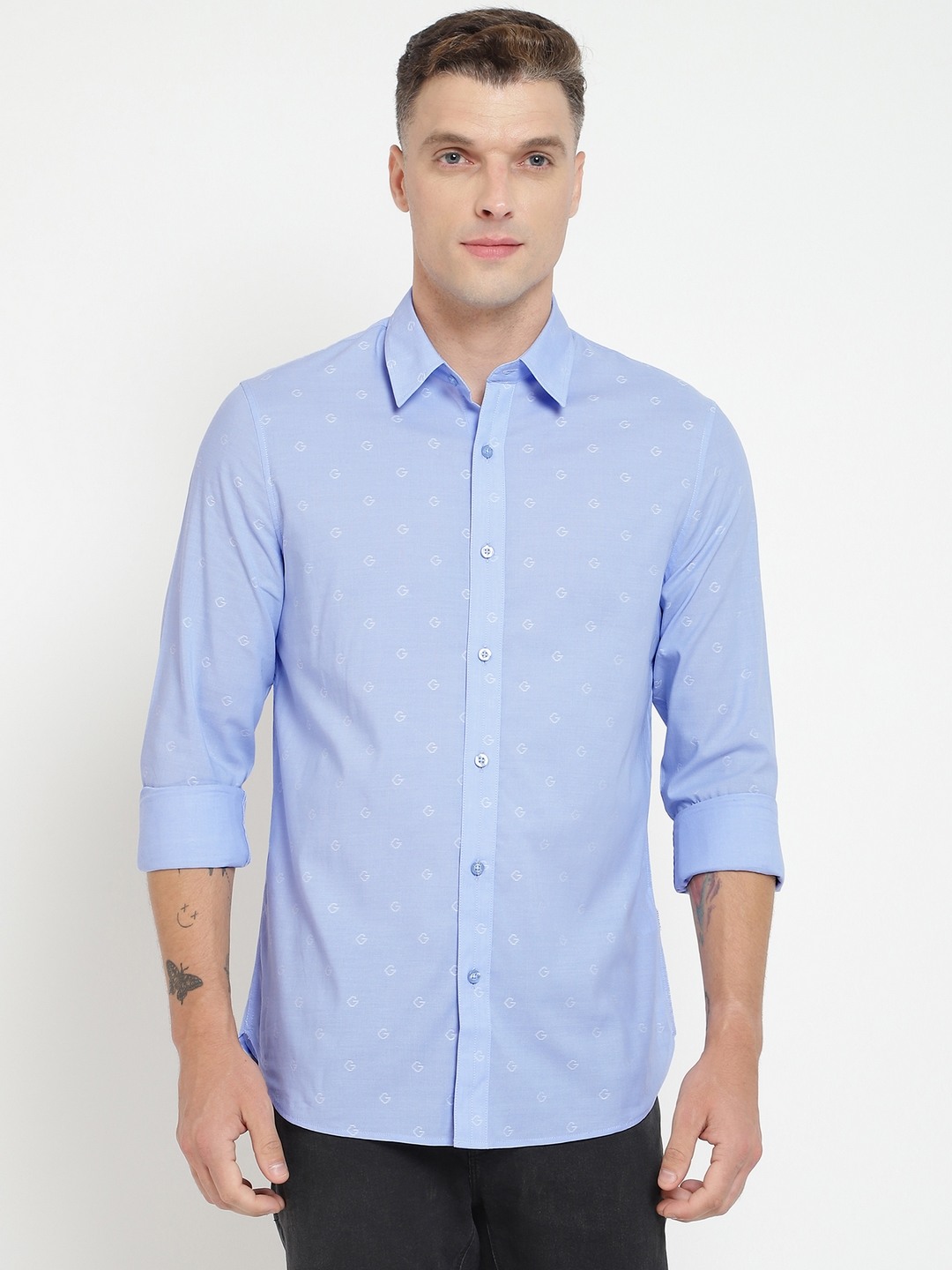 Blue Self Design Spread Collar Full Sleeves Shirt