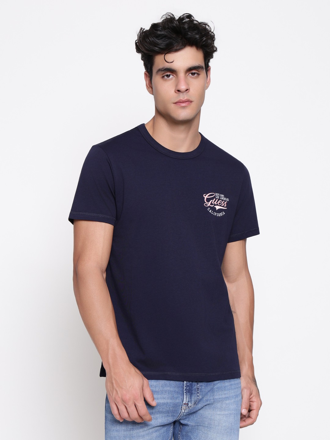 Guess Men Planisph Smart Blue Graphic Round Neck Regular Fit T-Shirt