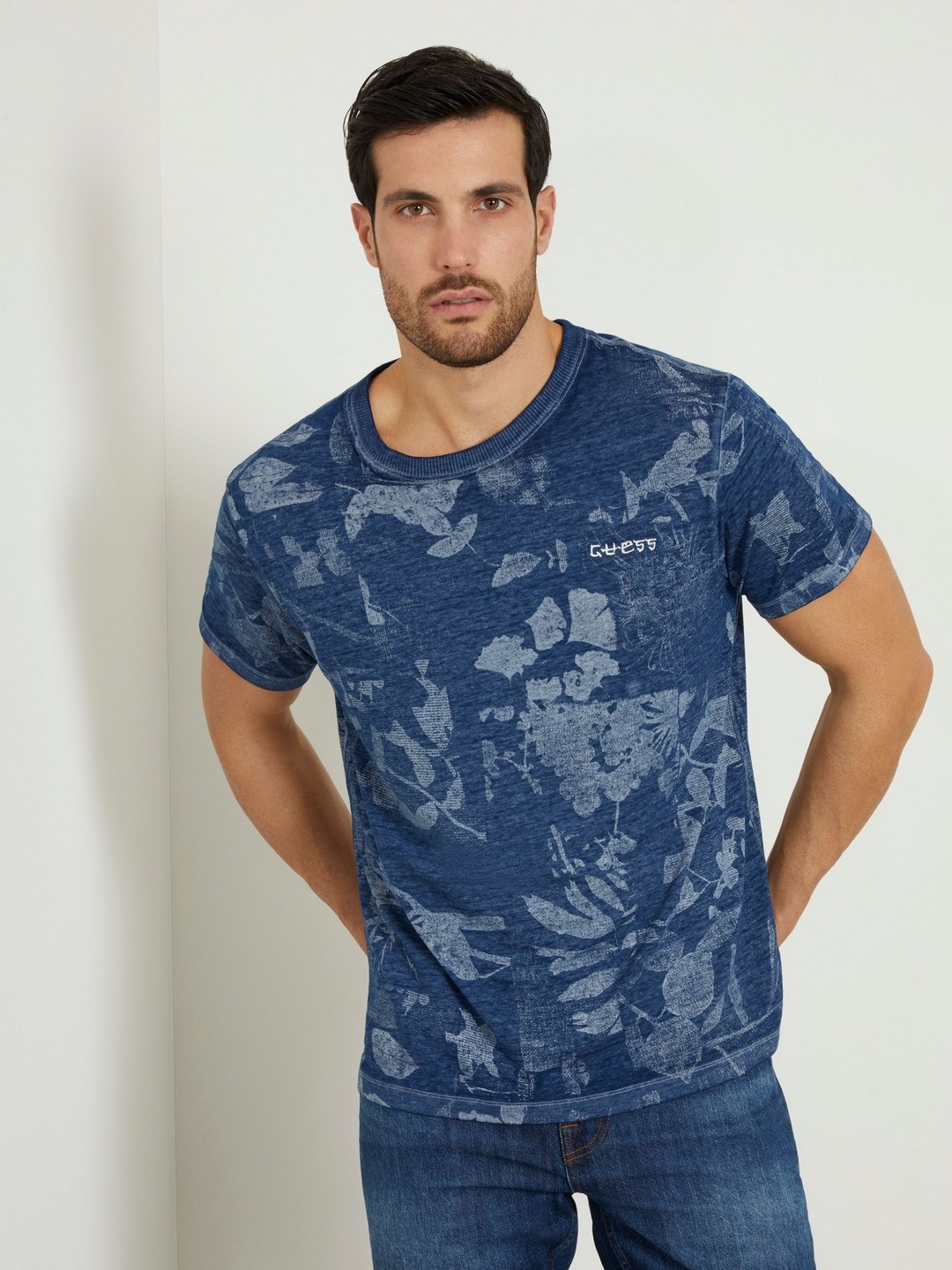 Blue Cotton Blend Printed Round Neck T-Shirt