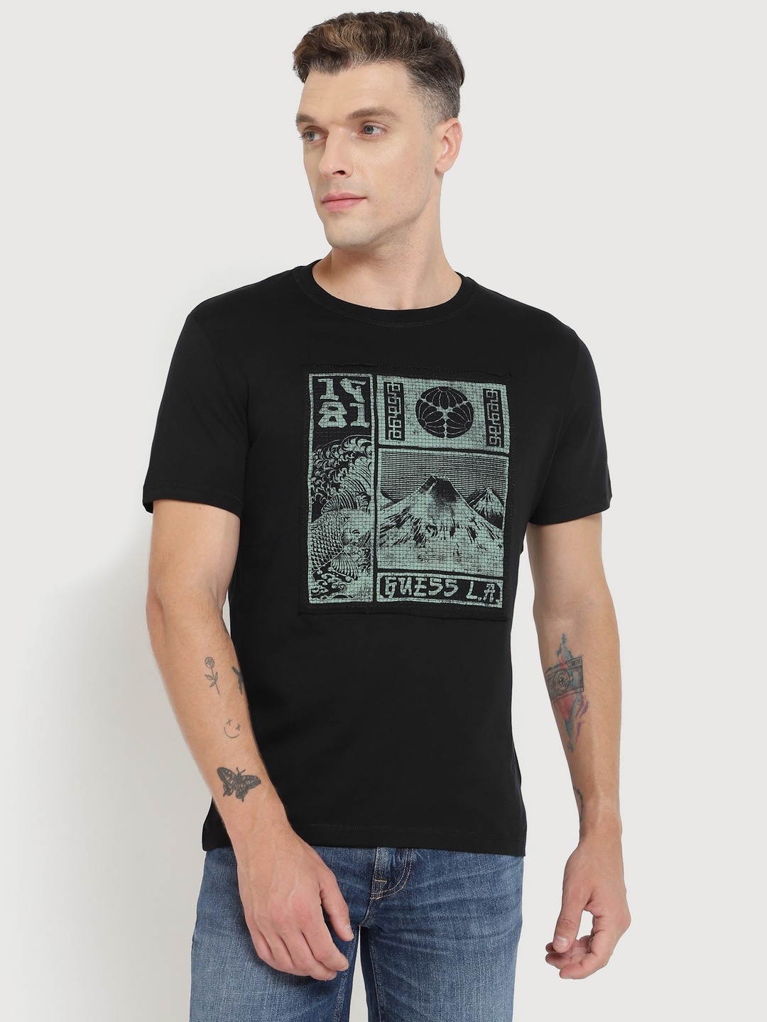 Black Printed Round Neck Short Sleeves T-shirt