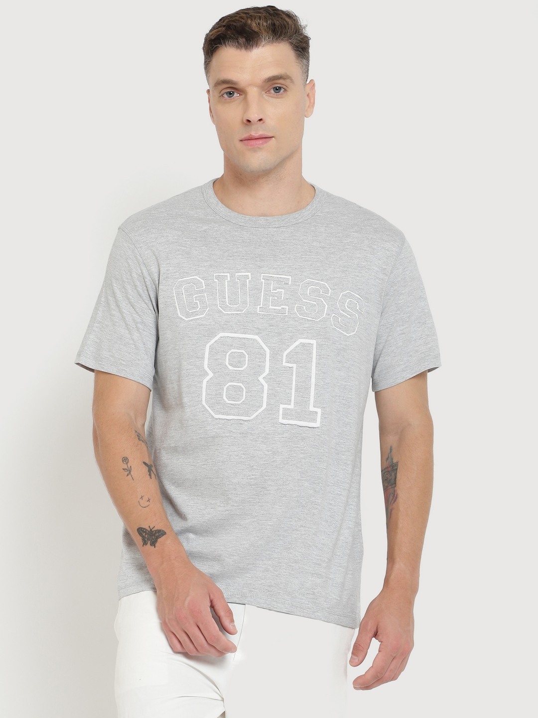 Grey Printed Round Neck Short Sleeves Varsity T-shirt