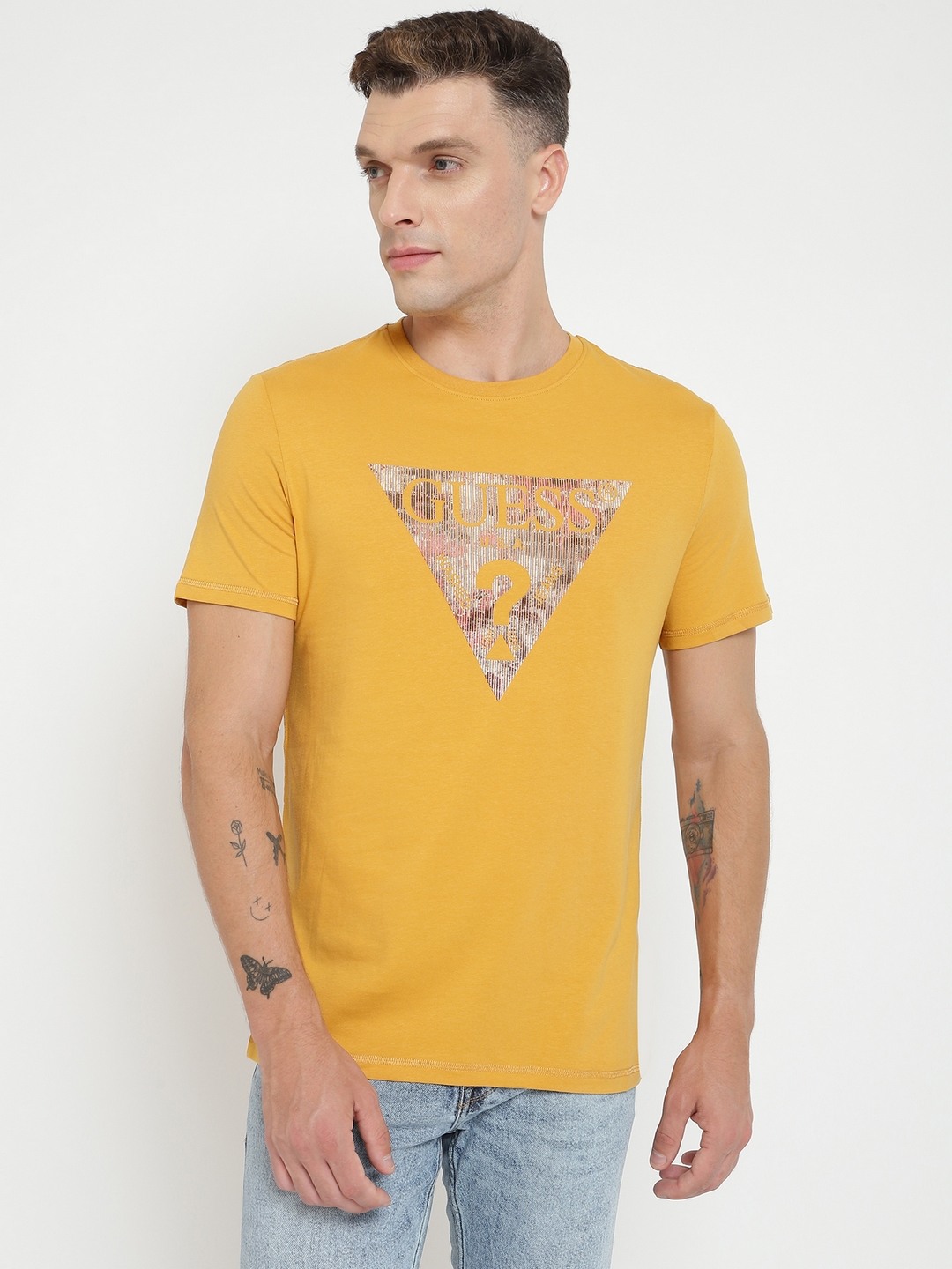 Yellow Printed Round Neck Short Sleeves T-shirt