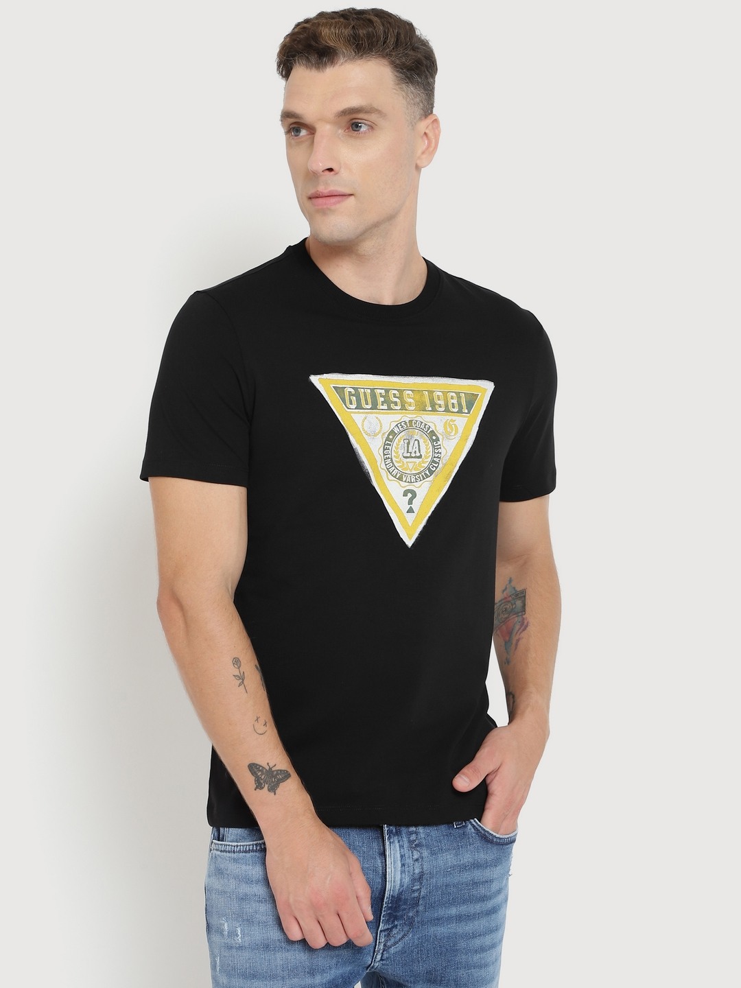 Black Printed Round Neck Short Sleeves T-shirt