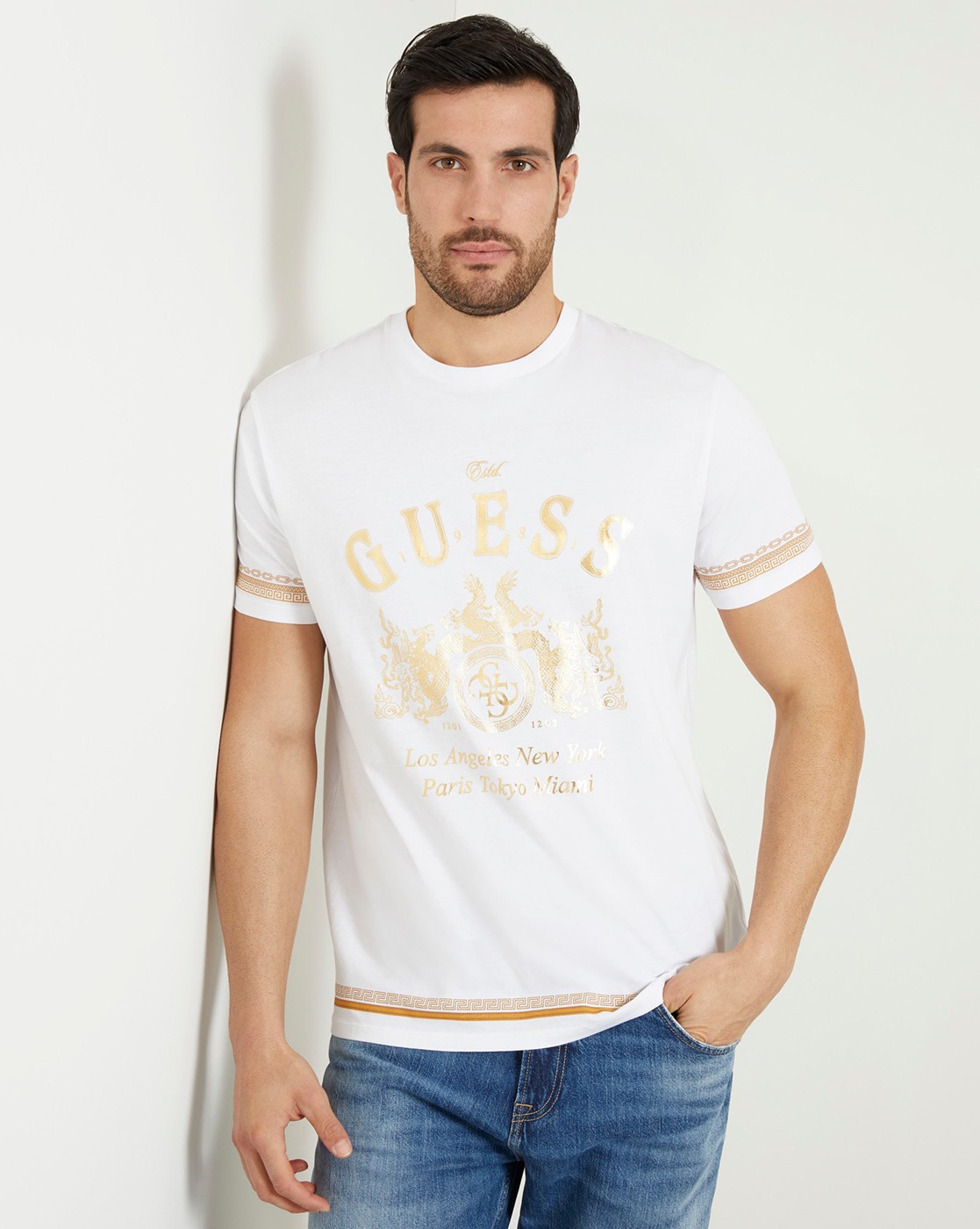 Men's White Cotton Printed Regular Fit T-shirt