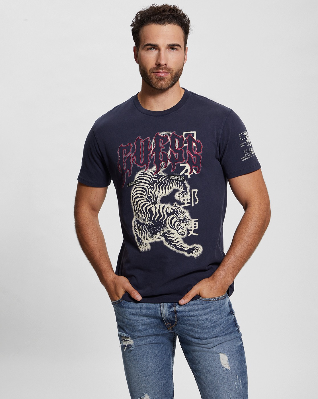 Men's Navy Blue Cotton Animal Print Regular Fit T-shirt