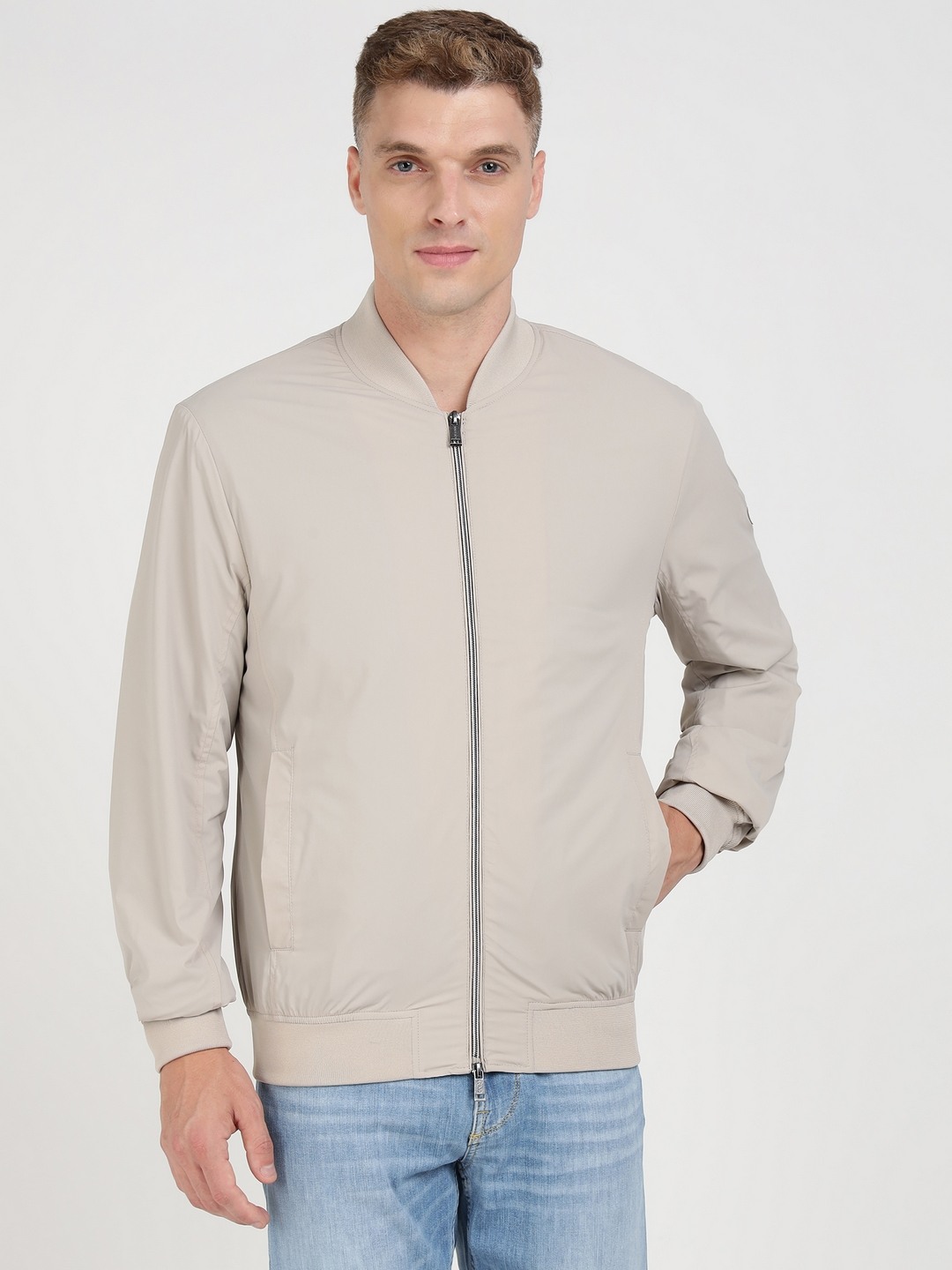 Grey Polyamide Blend Solid Bomber Jacket
