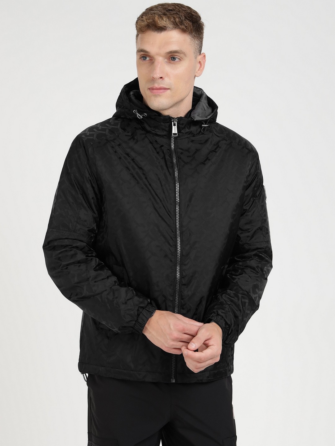 Black Polyamide Printed Windbreaker Jacket