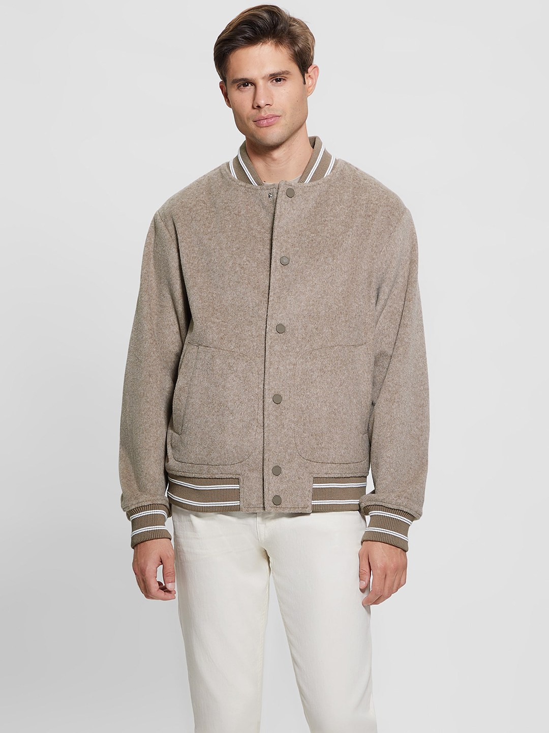 Brown Solid Stand Collar Full Sleeves Bomber Jacket