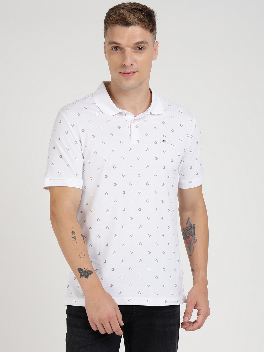 White Cotton Blend Printed Polo Neck Polo T-Shirt