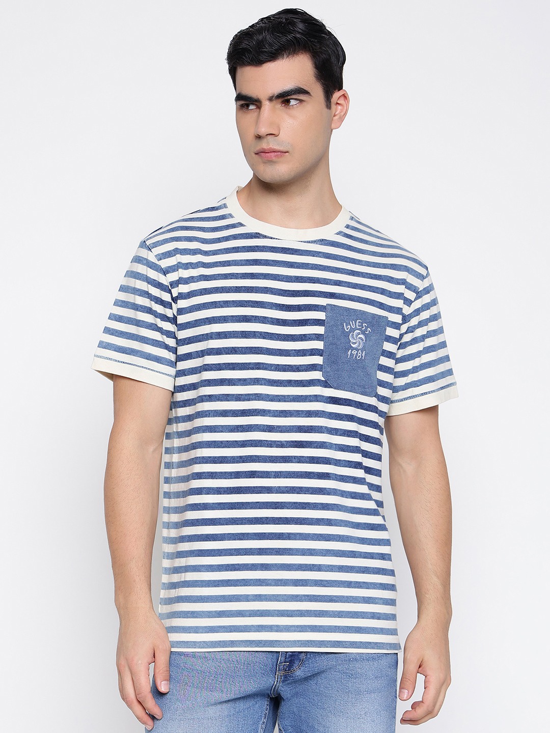 Blue Blood Salt Horizontal Stripes Round Neck Regular Fit T-Shirt