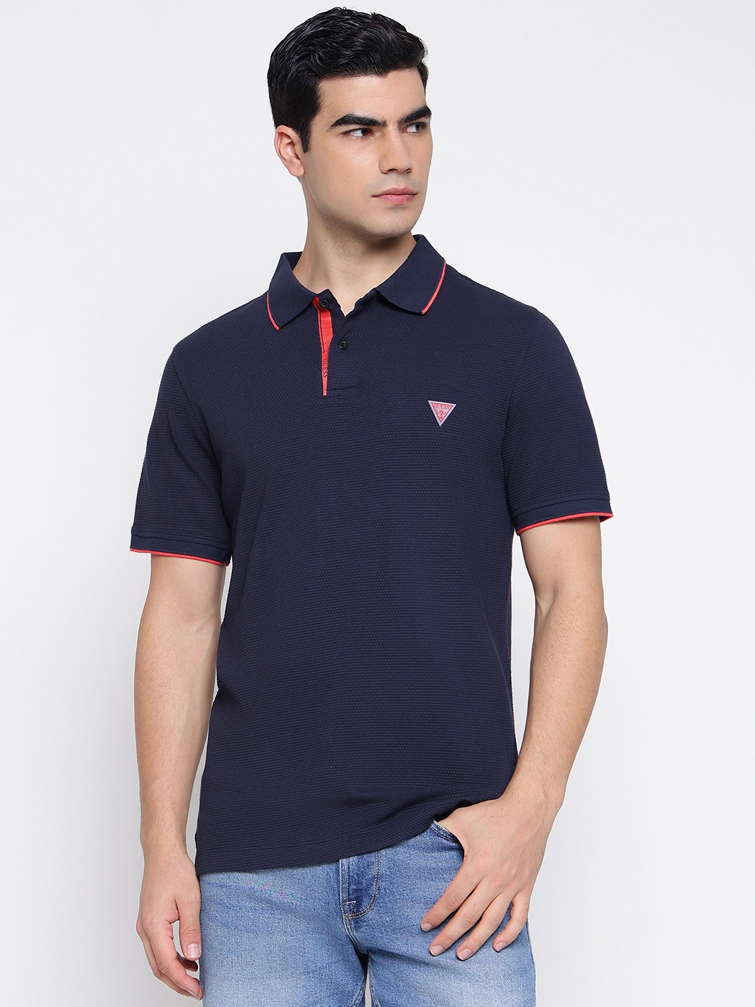 Tech Stretch Piquet Smart Blue Solid Polo Collar Slim Fit T-Shirt