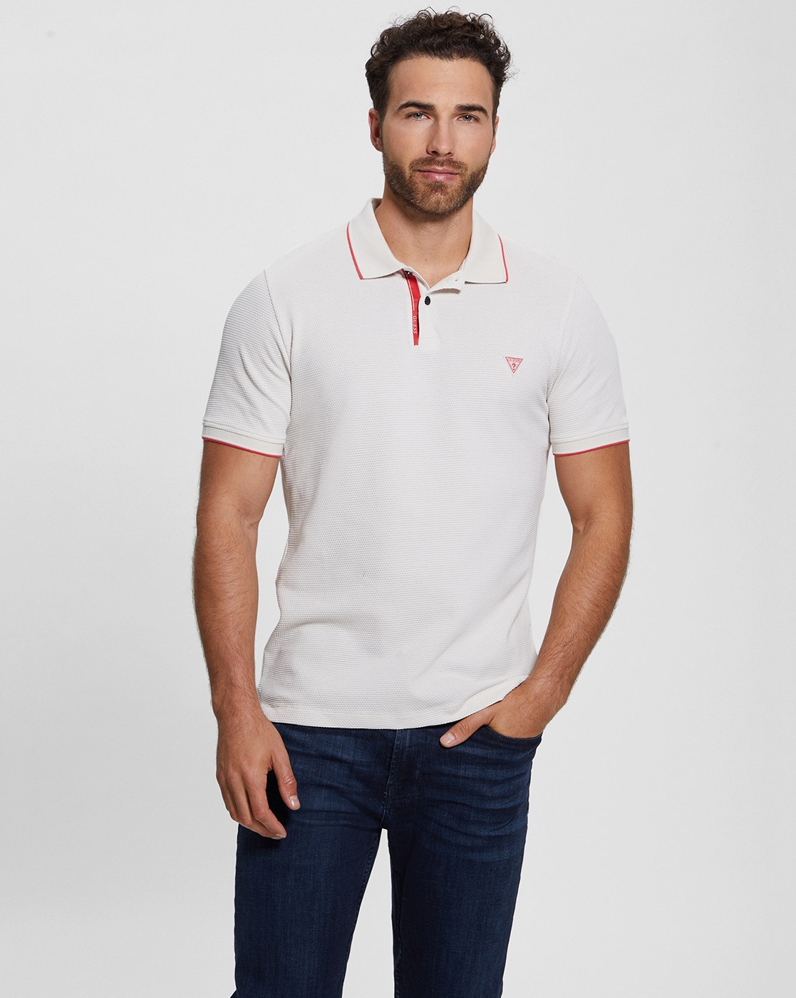 Men's White Cotton Textured Slim Fit Polo T-shirt