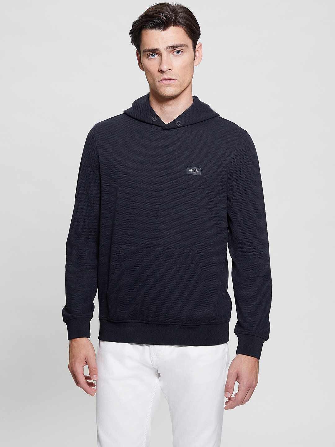 Navy Blue Solid Hooded Full Sleeves Pullover Style Sweatshirt