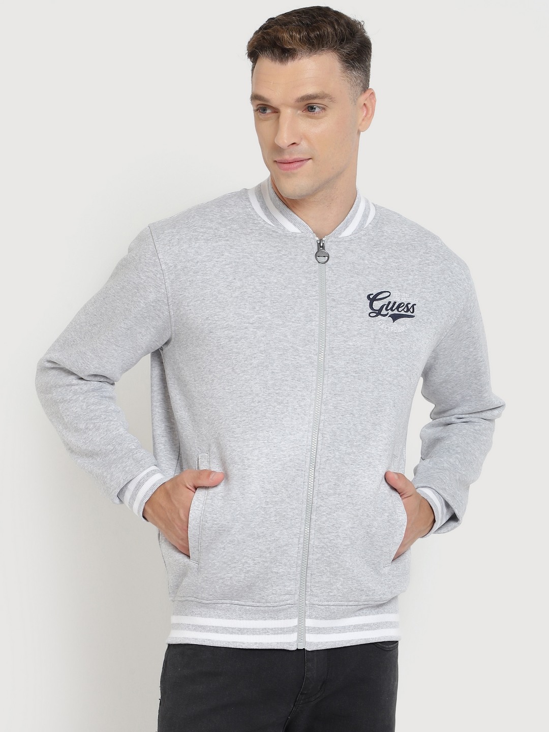 Grey Solid Stand Collar Full Sleeves Front-open Sweatshirt
