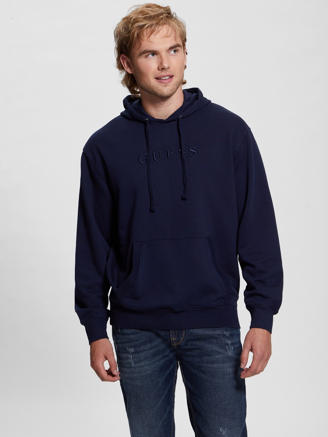 Blue Pure Cotton Solid Hooded Neck Sweatshirt