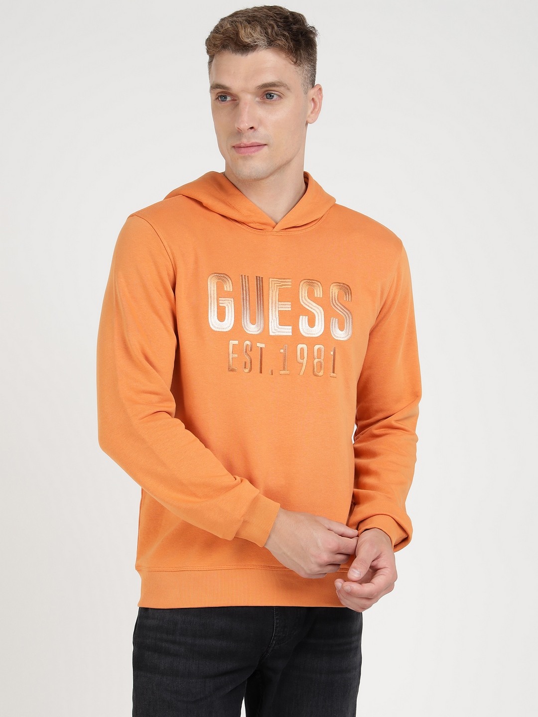 Orange Cotton Blend Printed Pullover Sweatshirt