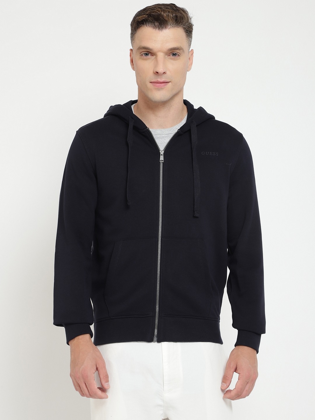 Blue Solid Hooded Full Sleeves Front-open Sweatshirt