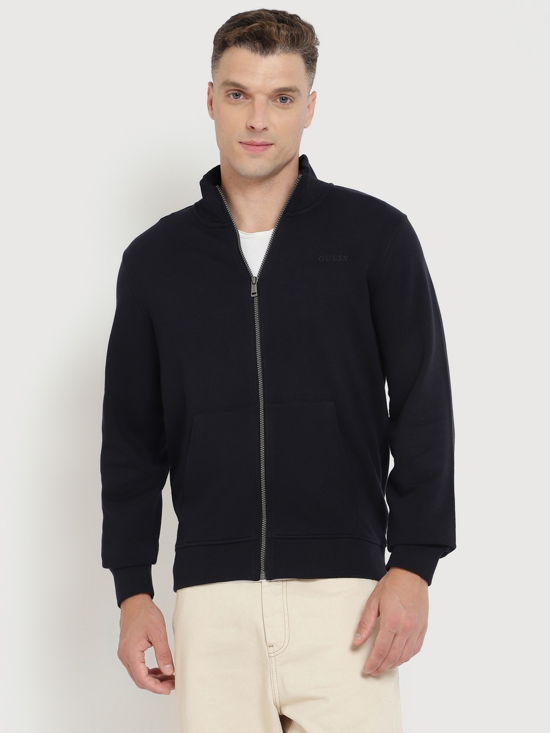 Blue Solid Stand Collar Full Sleeves Front-open Sweatshirt