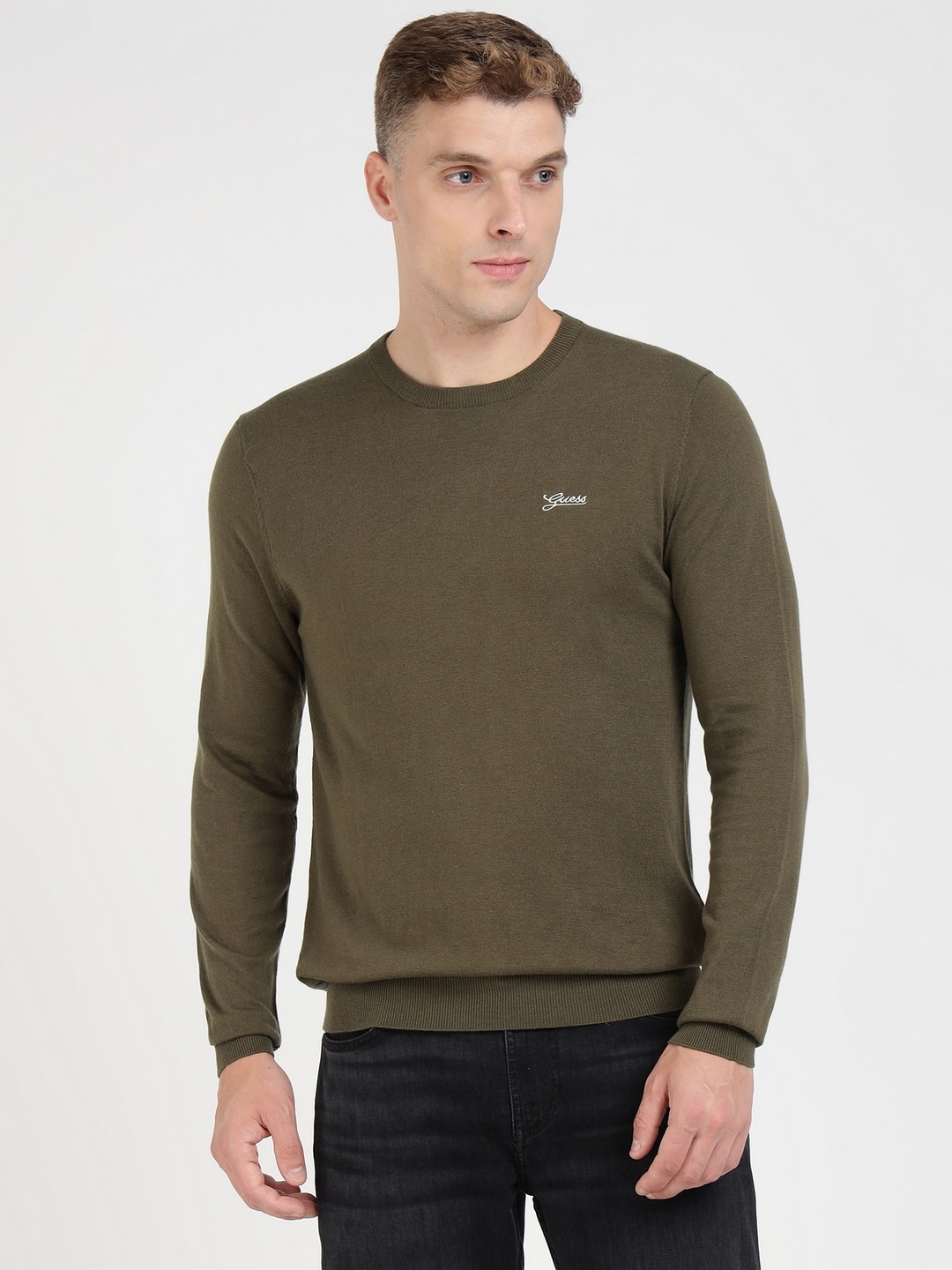 Olive Cotton Blend Solid Pullover Sweater