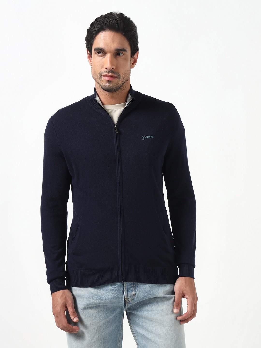 Guess Men Brennan Smart Blue Solid High Neck Full Sleeves Knit Sweaters