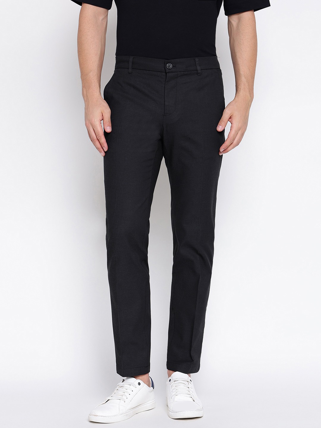 Myron Dressy Cotton Dobby Stretch Black Solid Mid Rise Regular Fit Chinos Trousers