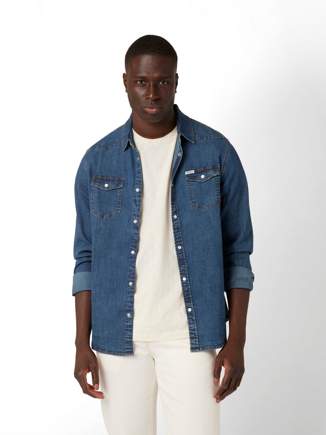 Guess Amsterdam Cotton Blend Solid Denim Shirt