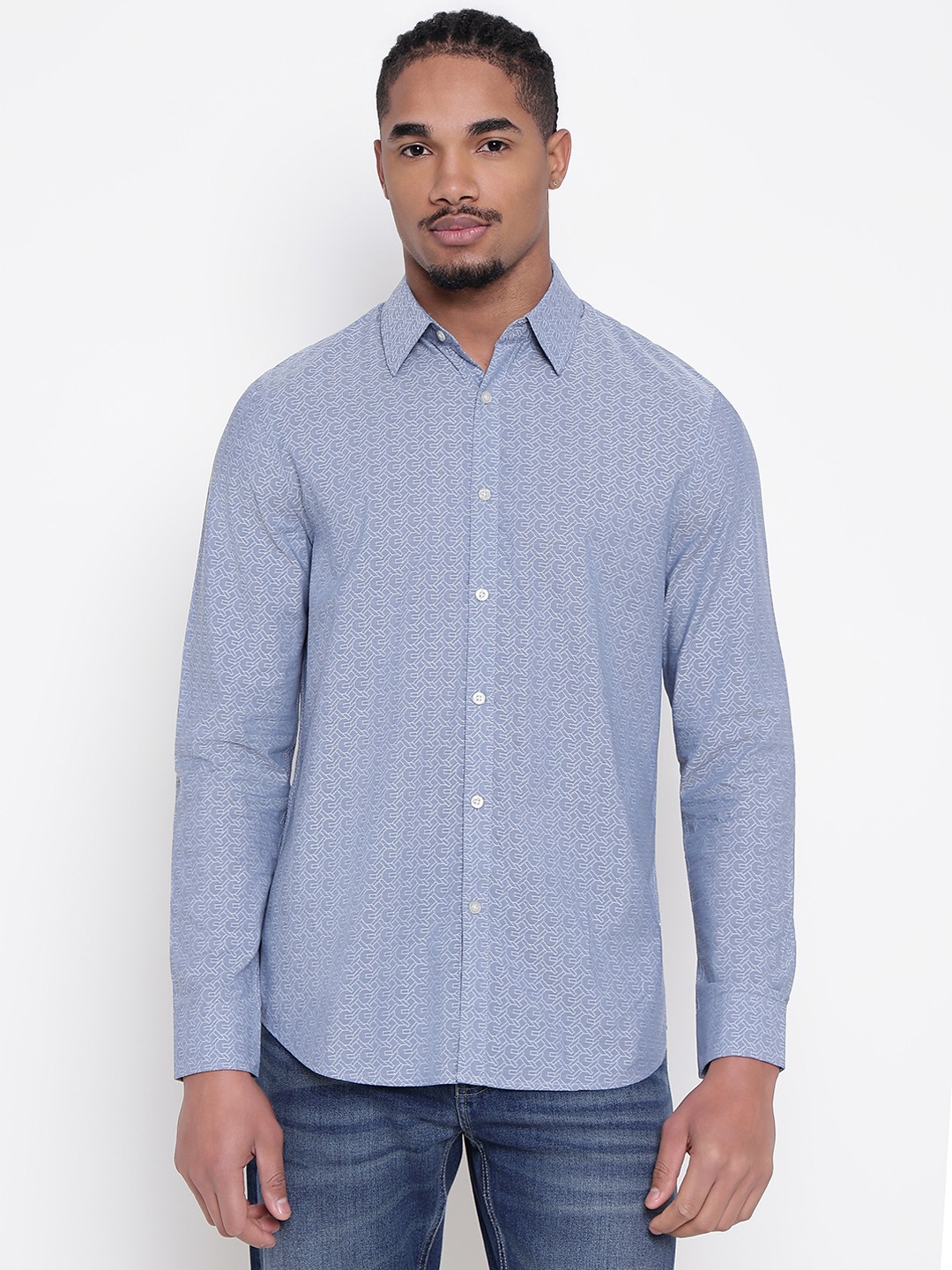 Men Blue Printed Spread Collar Shirt