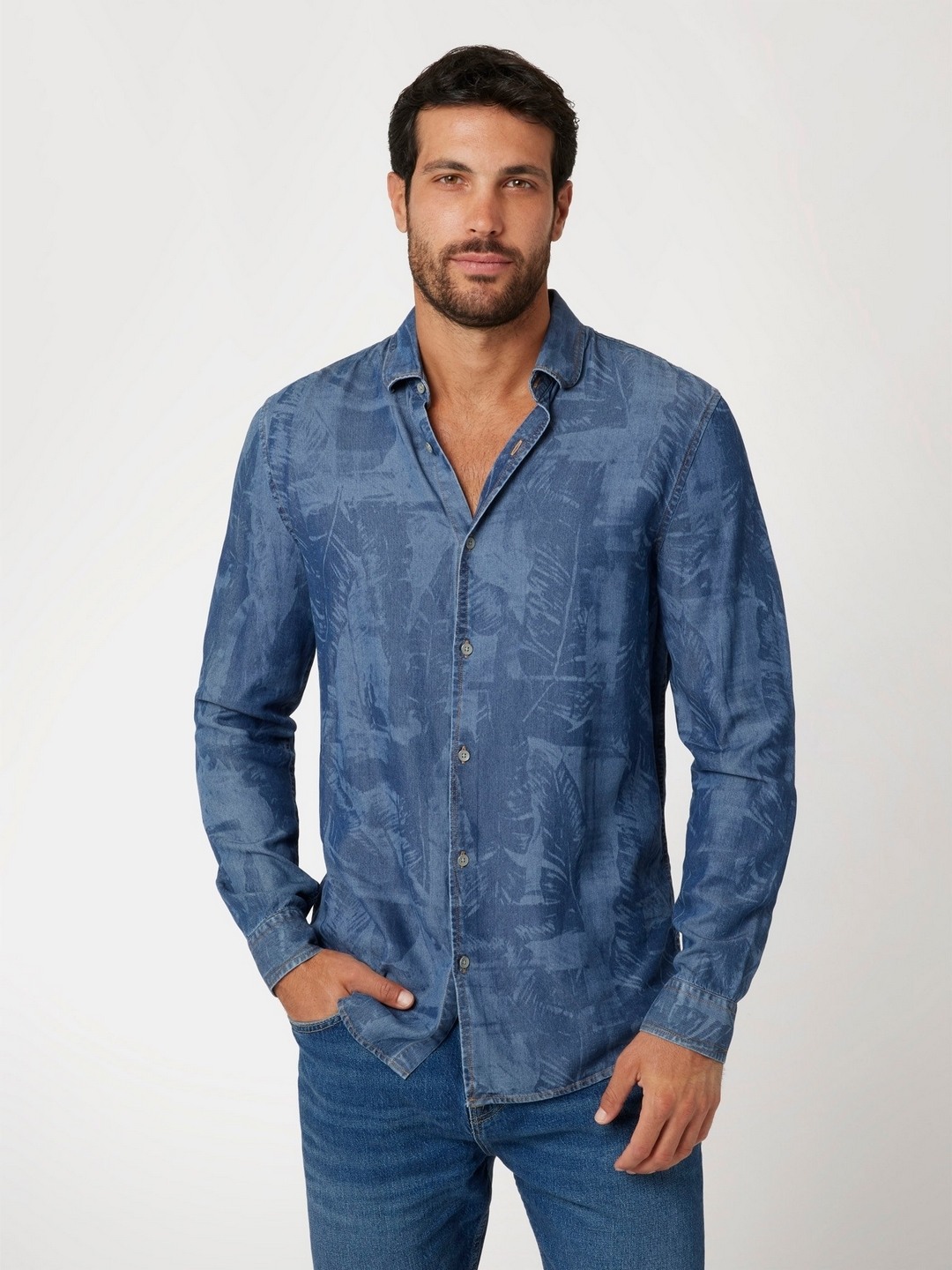 Blue Printed Spread Collar Shirt