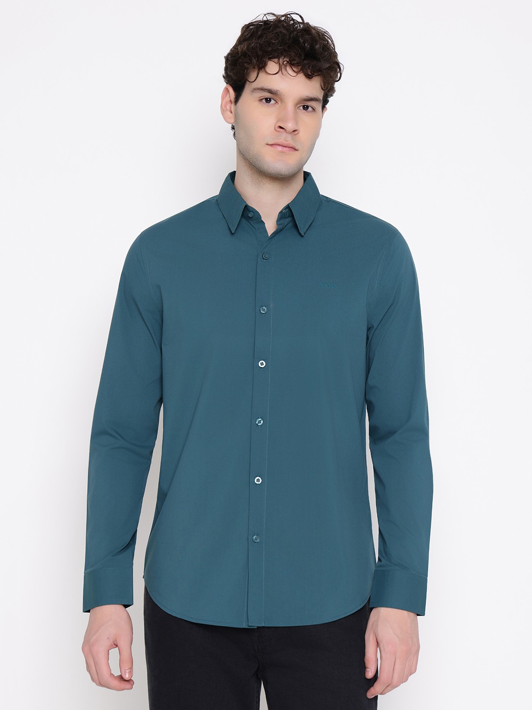 Guess Men Solid Spread Collar Long Sleeves Shirt