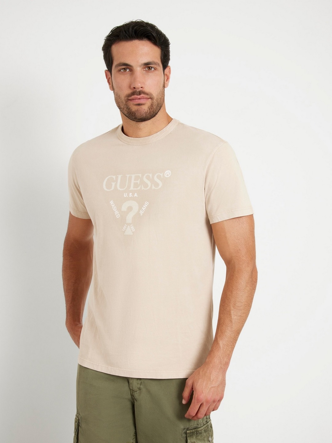 Beige Pure Cotton Printed Round Neck T-Shirt
