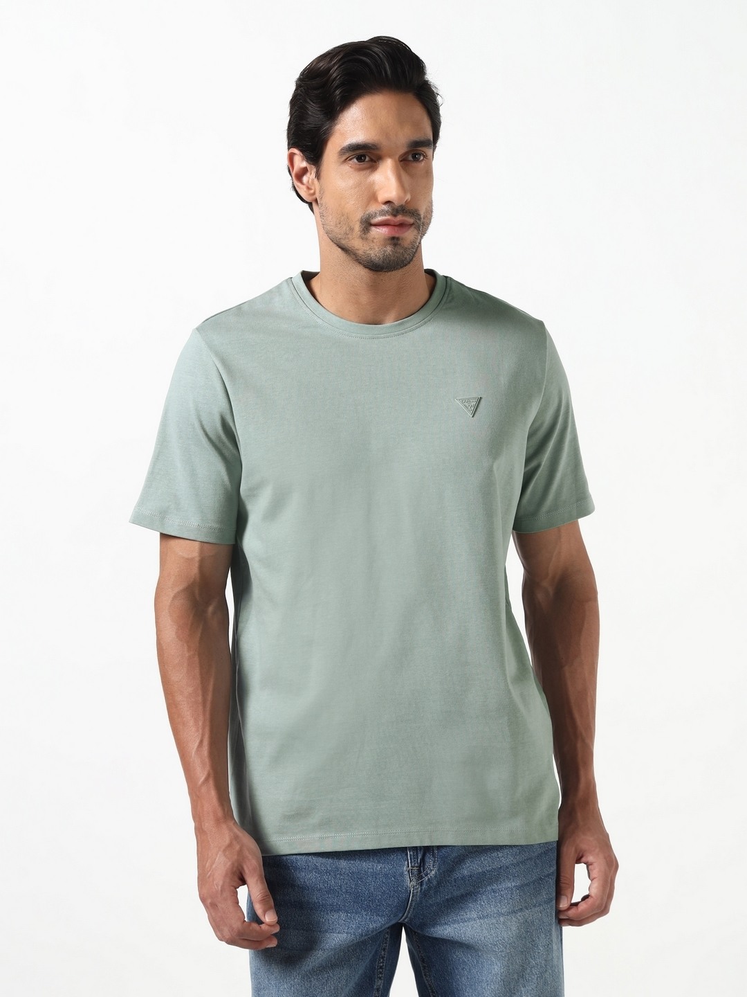 Guess Men Grey Solid Round Neck Knit Regular Fit T-Shirt