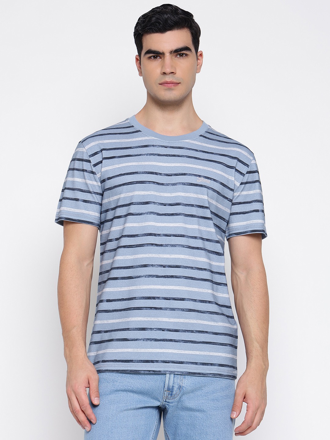 Organic Piquet Cloudy Smart Blue Horizontal Stripes Round Neck Slim Fit T-Shirt