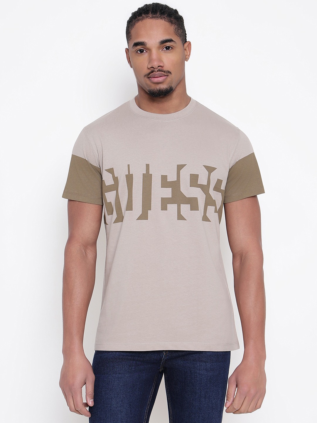 Men Grey Printed Round Neck T-shirt
