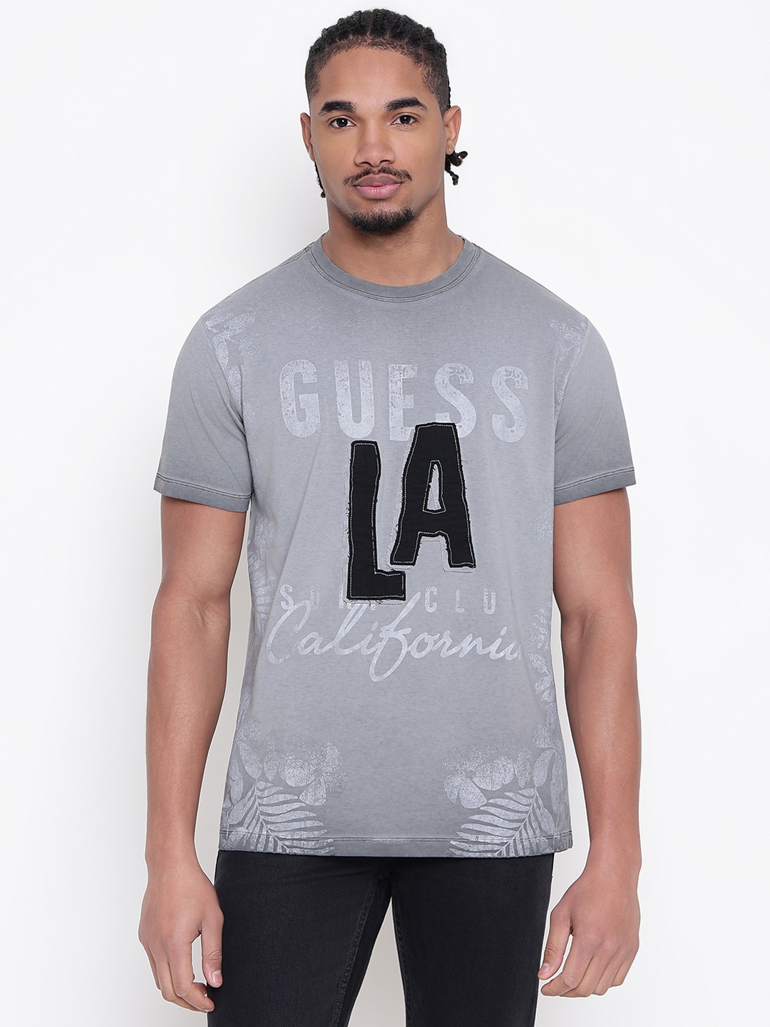 Men Grey Printed Round Neck T-shirt