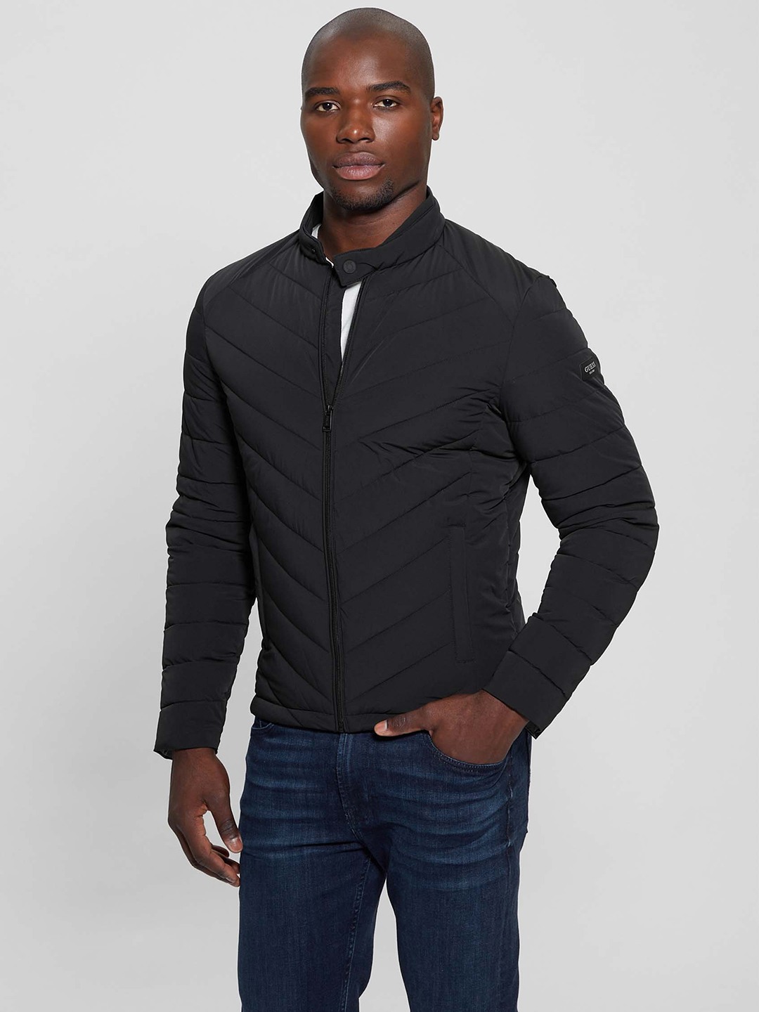 Jet Black Solid Band Collar Full Sleeve Biker Jacket
