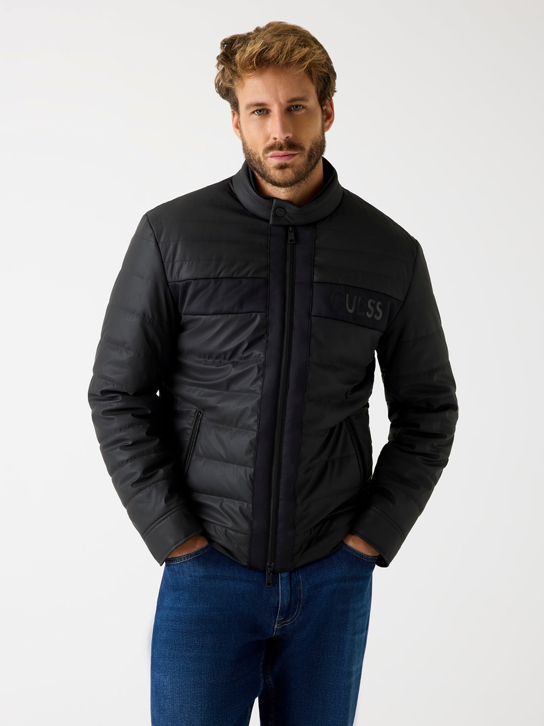Guess Men's Jet Black Quilted High Neck Full Sleeve Bomber Jacket